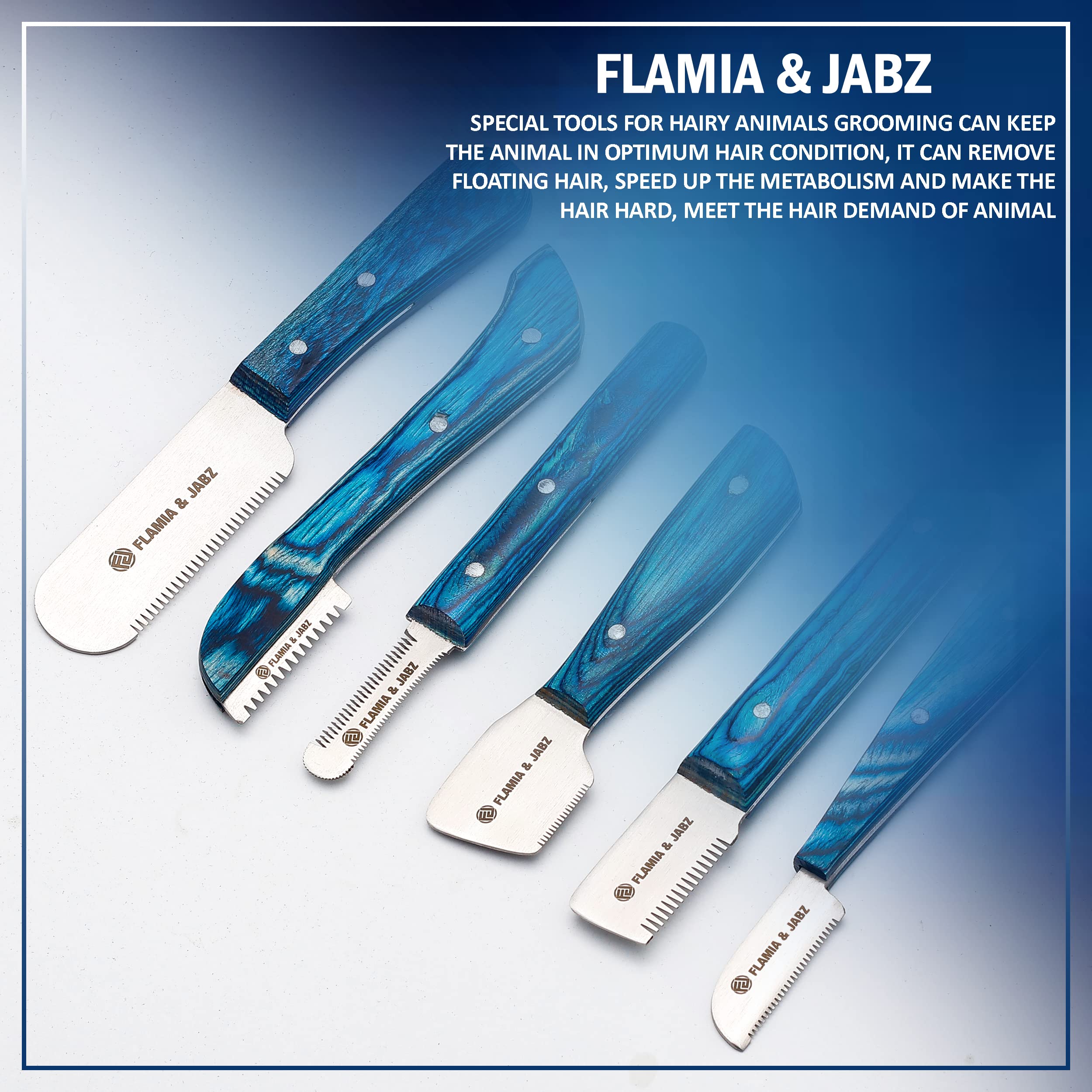 FLAMIA & JABZ blue stripping knife with coarse teeth for quicker undercoat lift