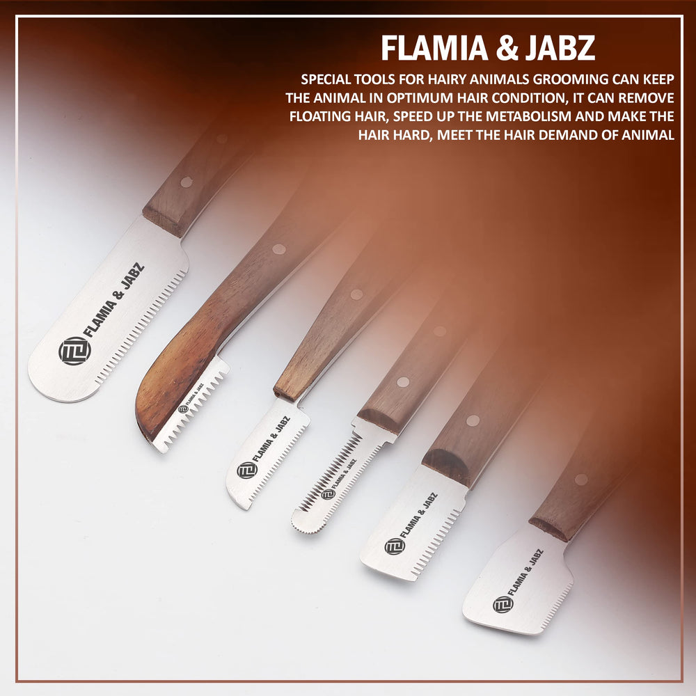 FLAMIA & JABZ stripping knife set showing coarse-to-fine blades for efficient undercoat removal