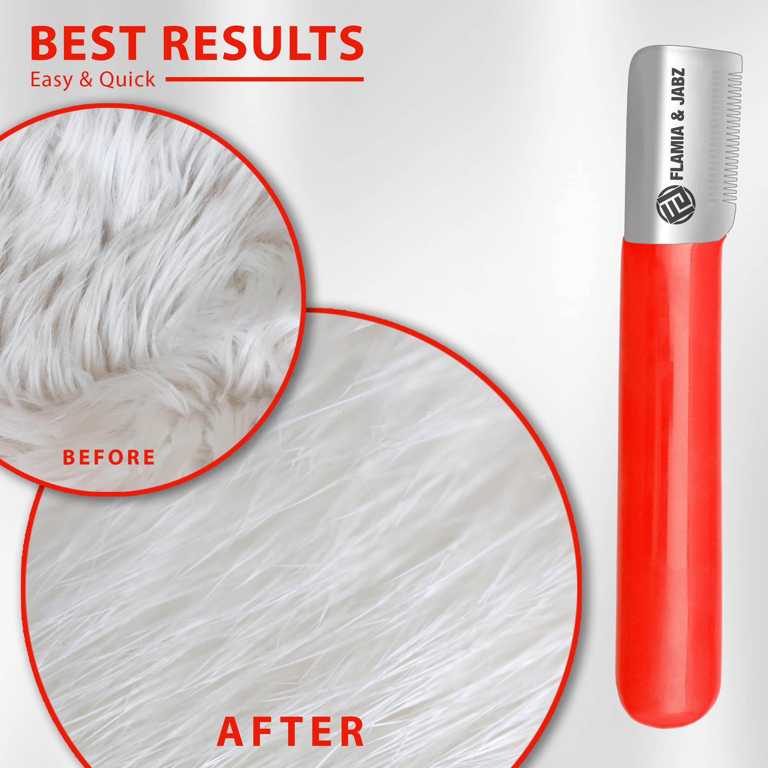 FLAMIA & JABZ stripping knife in a pet grooming scene with show-ready coat.