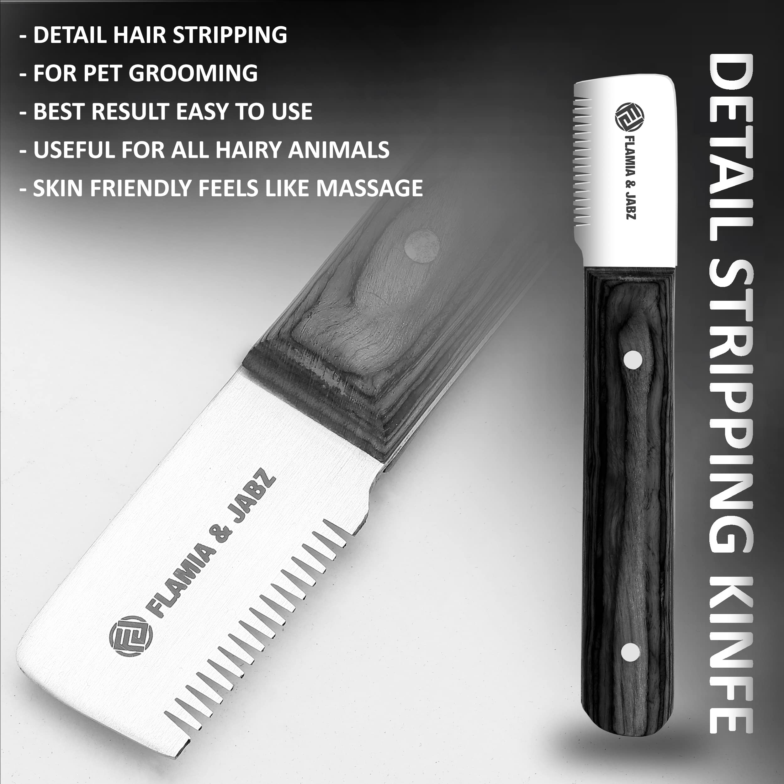 FLAMIA & JABZ stripping knife finish-on-pet for a show-ready coat