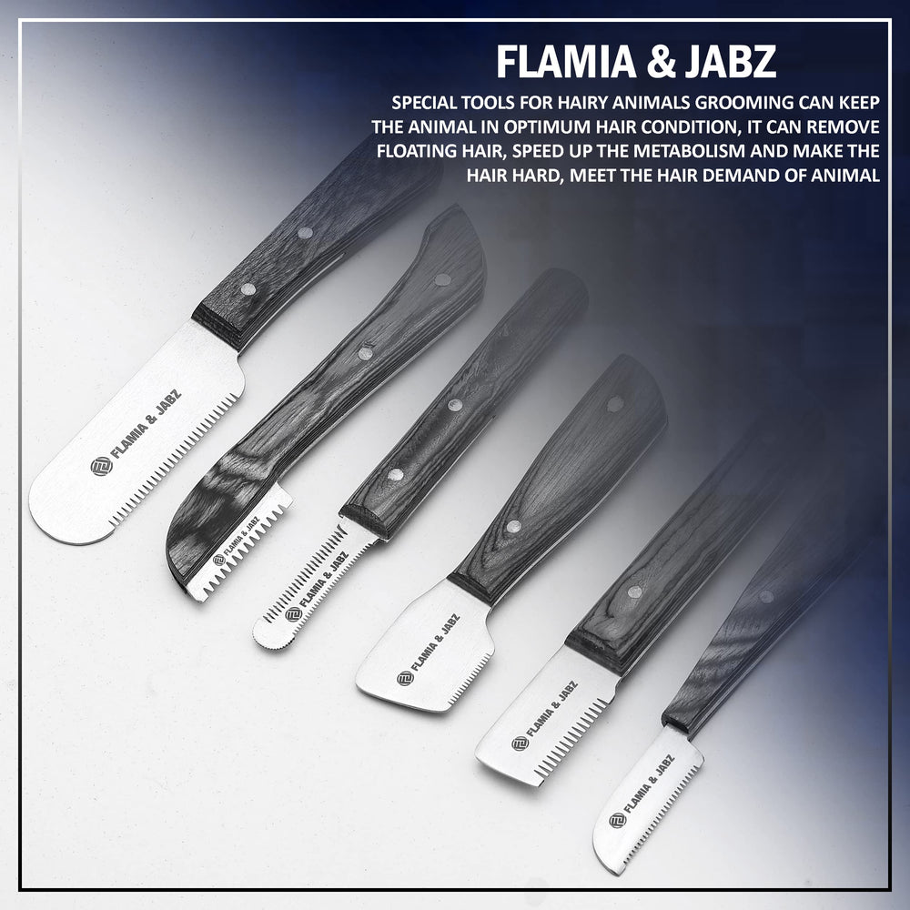 FLAMIA & JABZ stripping knife teeth sizes for adjusting coat texture and finish