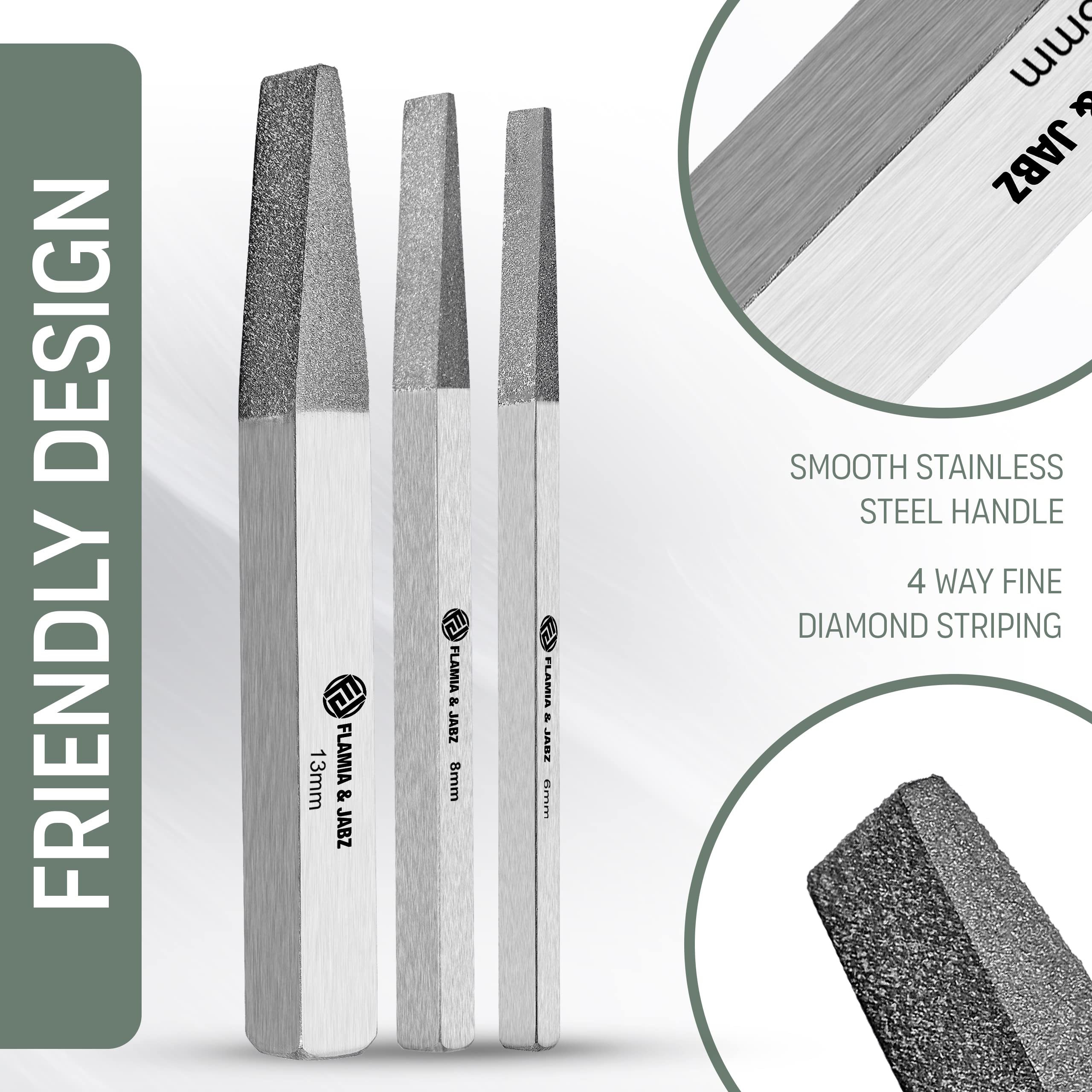 Flamia & Jabz handcrafted non-magnetic Japanese stainless steel stones ensure precise stripping control.