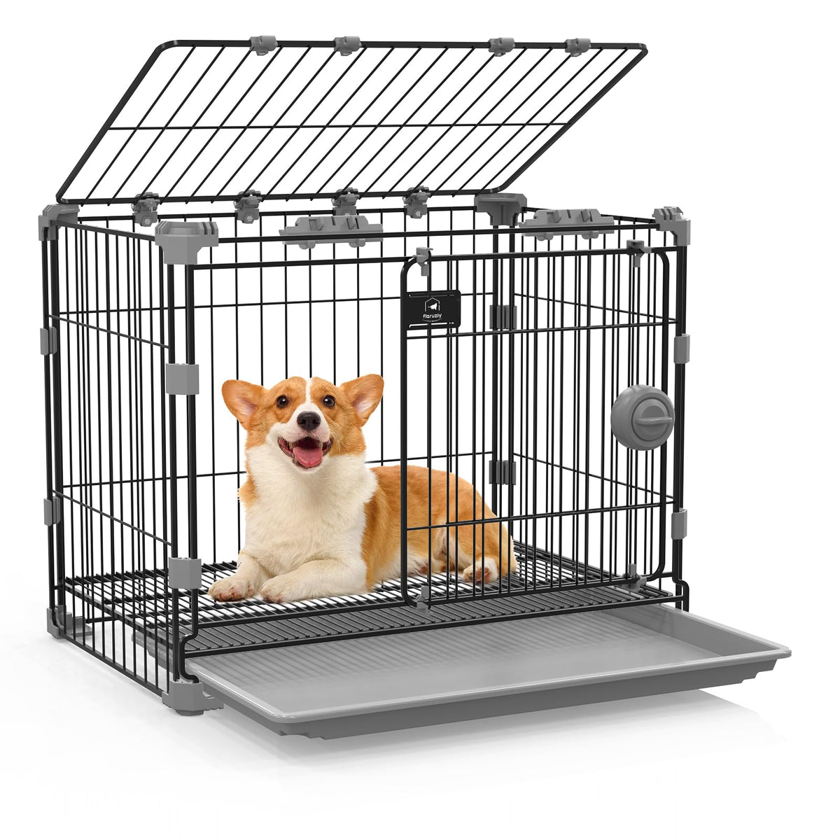 FLARUZIY dog crate front view highlights sturdy 30-inch metal construction for secure containment.