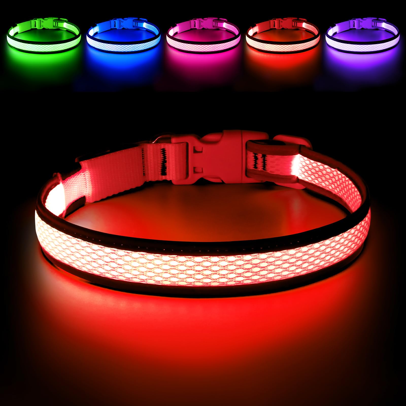Flashseen LED dog collar ruby red front view showing high visibility for night walks