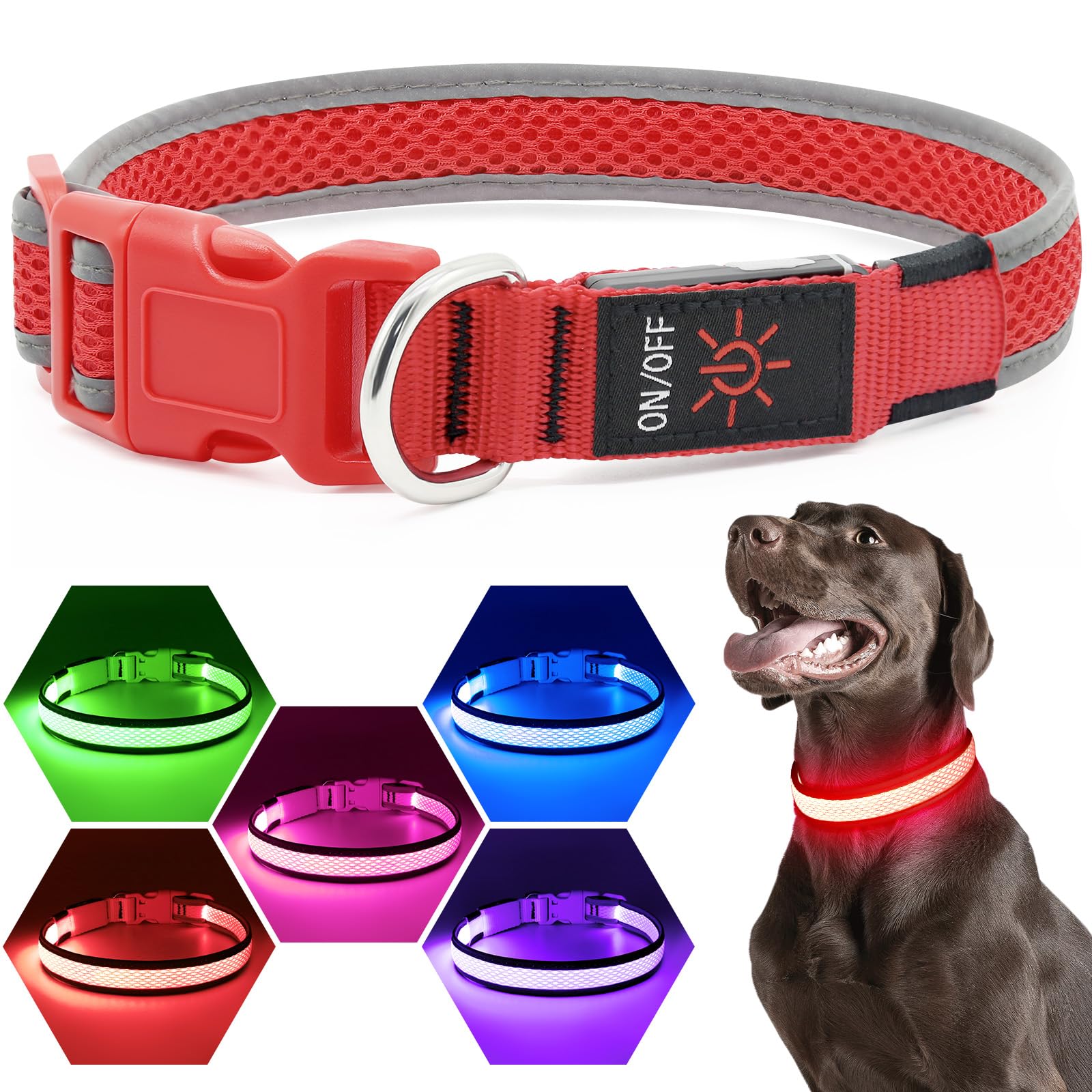 Flashseen LED dog collar ruby red rear view highlighting glow modes for safer strolls