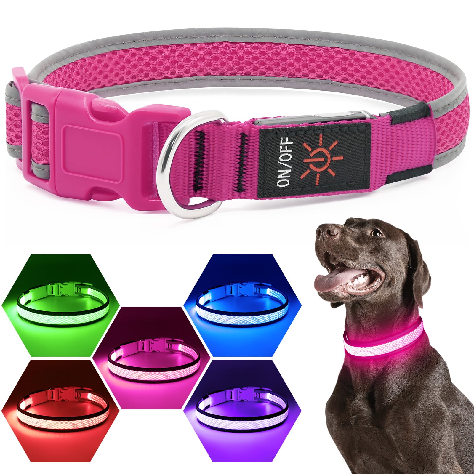 Flashseen LED dog collar with metal D-ring for easy leash attachment