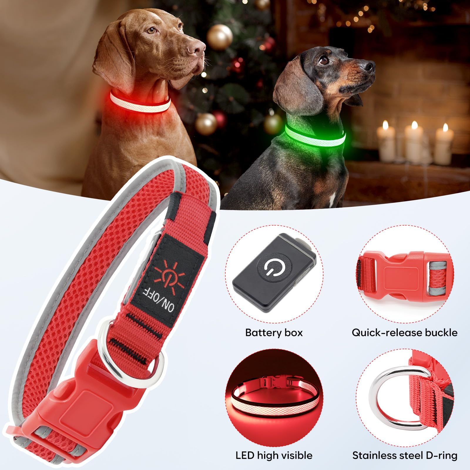 Flashseen LED dog collar close-up of switch with quick glow options
