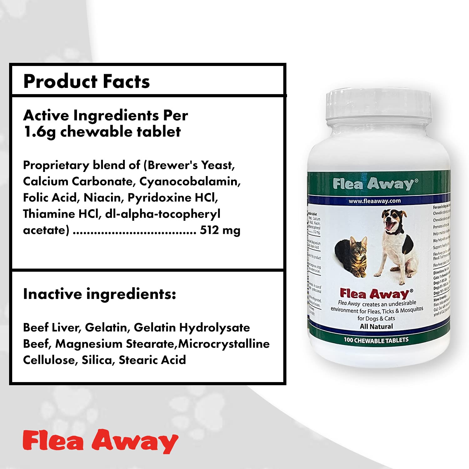 Flea Away bottle label emphasizes USA-made, natural ingredients.
