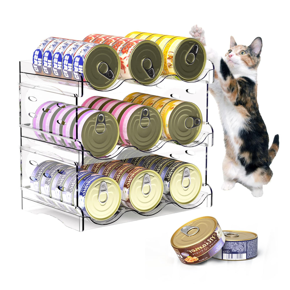 Flenpptly cat food can organizer in a 3-tier setup for easy pantry organization.