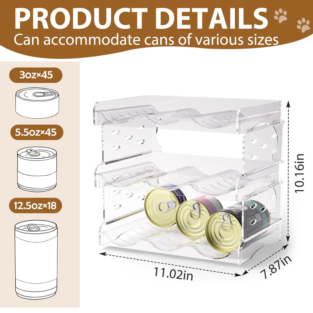 Flenpptly cat food can organizer clear front view shows visible can flavors for quick restocking.