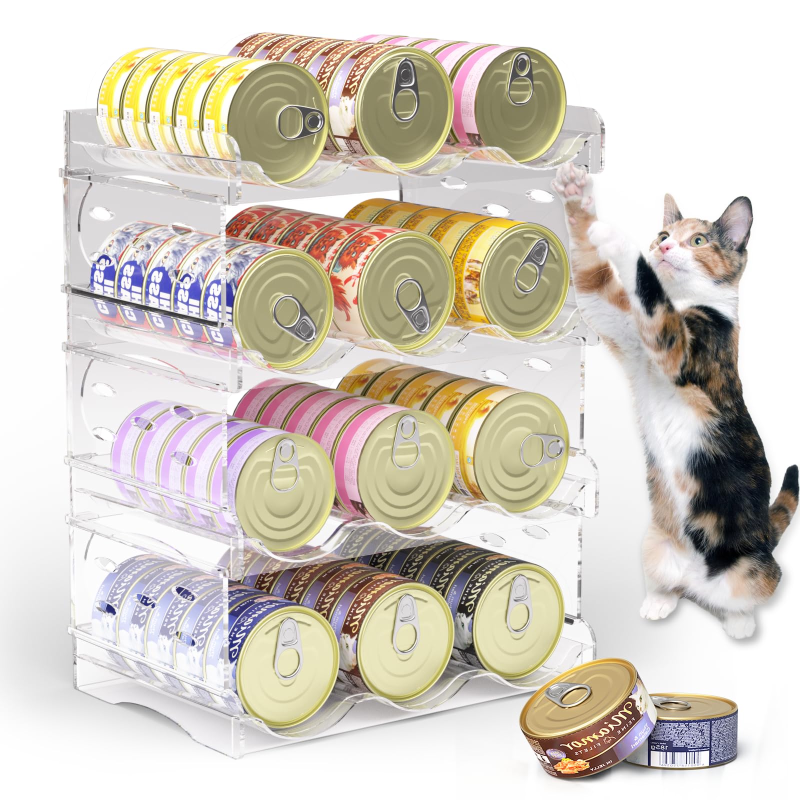 Flenpptly four-tier cat can organizer assembly with sturdy clear shelves for easy stocking
