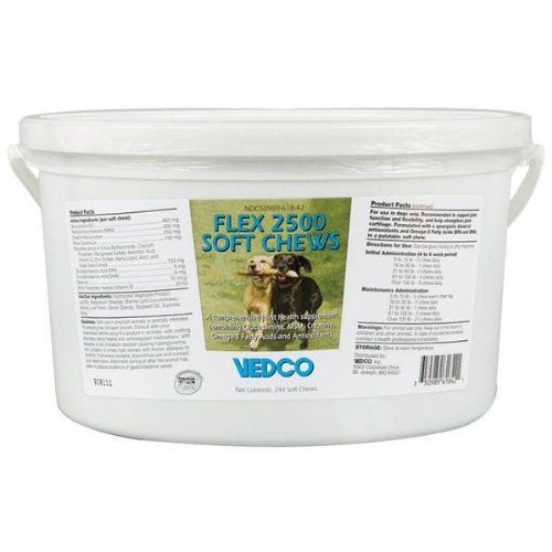 Flex 2500 Soft Chews bottle shows joint support for active dogs.