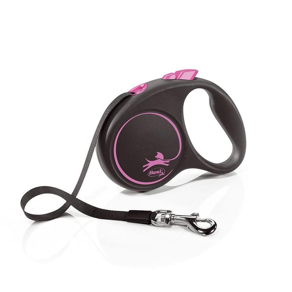 Flexi Black Design Tape Pink Small 5m retractable dog leash enables controlled walks for safe pet management.