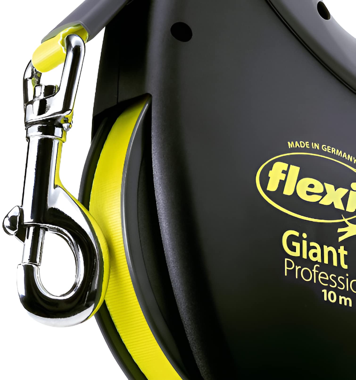 Flexi giant neon tape lead handle closeup shows comfortable non-slip grip.