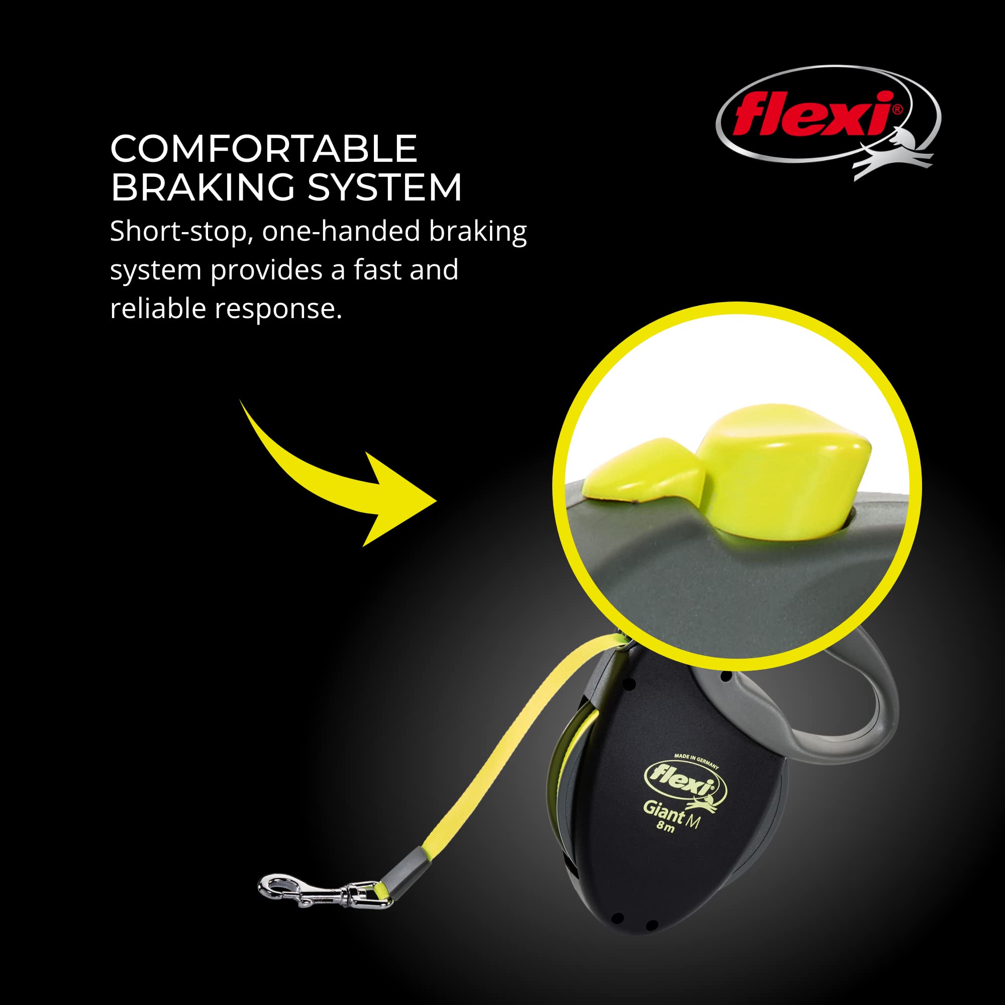 Flexi leash sized for medium dogs up to 55 lbs with secure control.