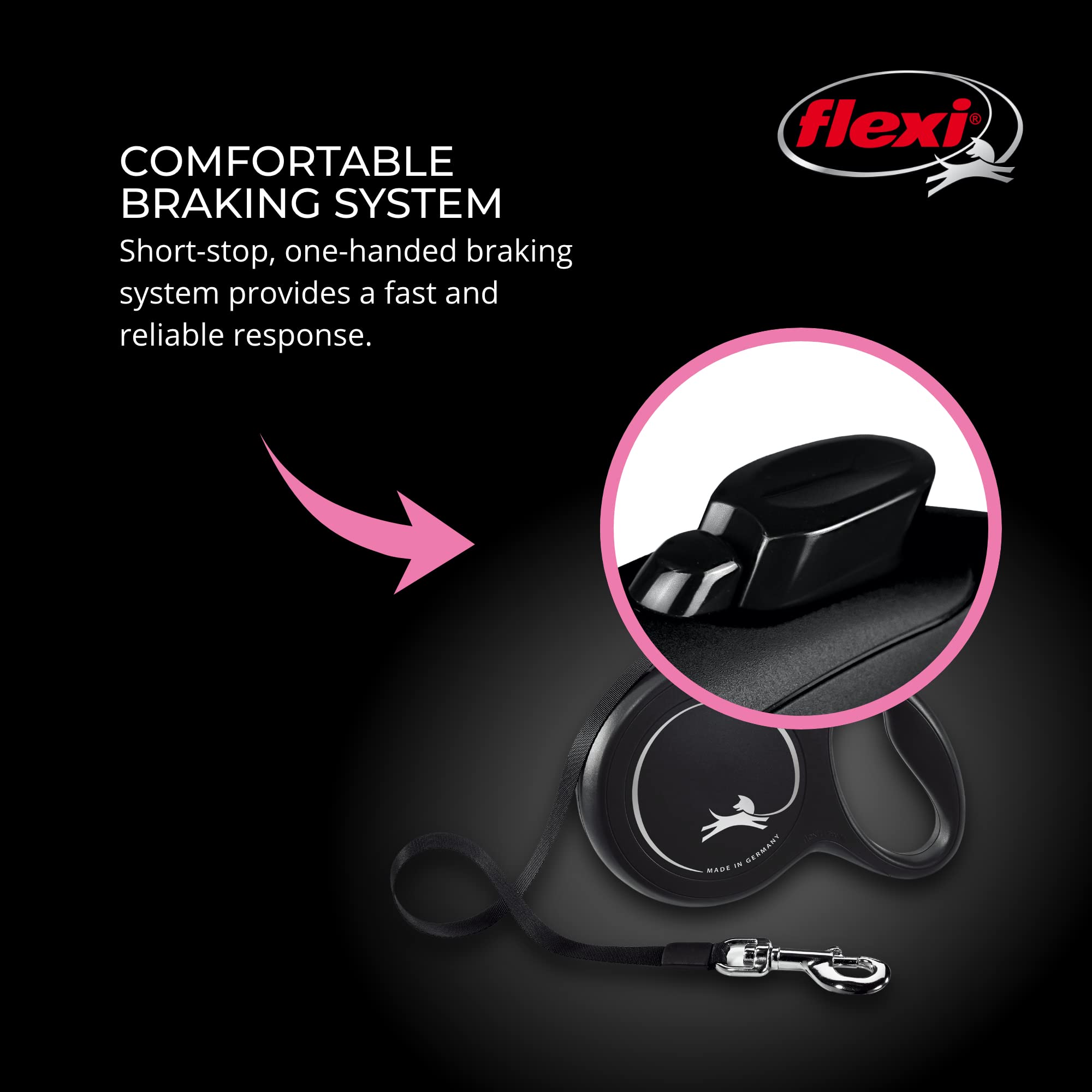 FLEXI New Classic handles dogs up to 110 lbs with sturdy design.
