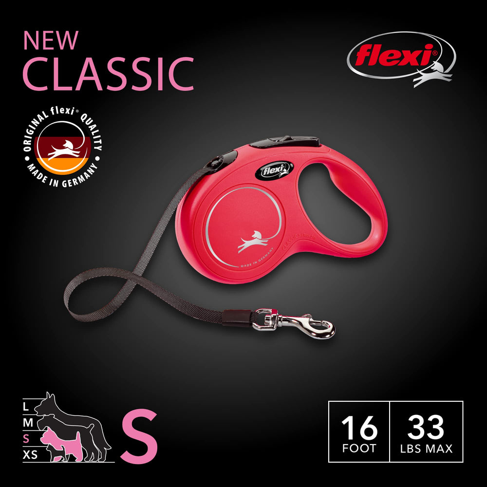 Flexi New Classic tape leash with ergonomic handle supports comfortable walks.