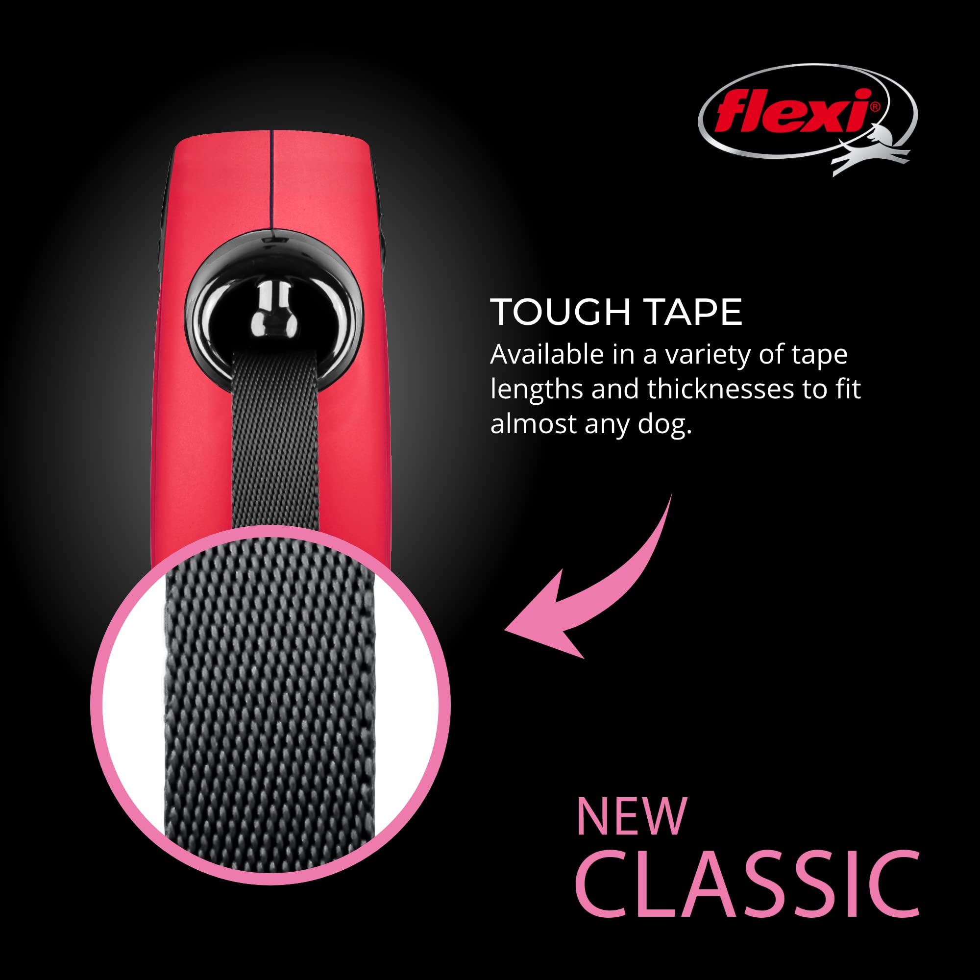 Flexi New Classic leash shows one-handed braking for quick pauses.