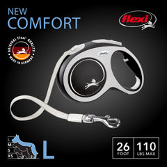 Flexi New Comfort Tape Leash with one-handed brake highlights quick, safe stopping during walks.