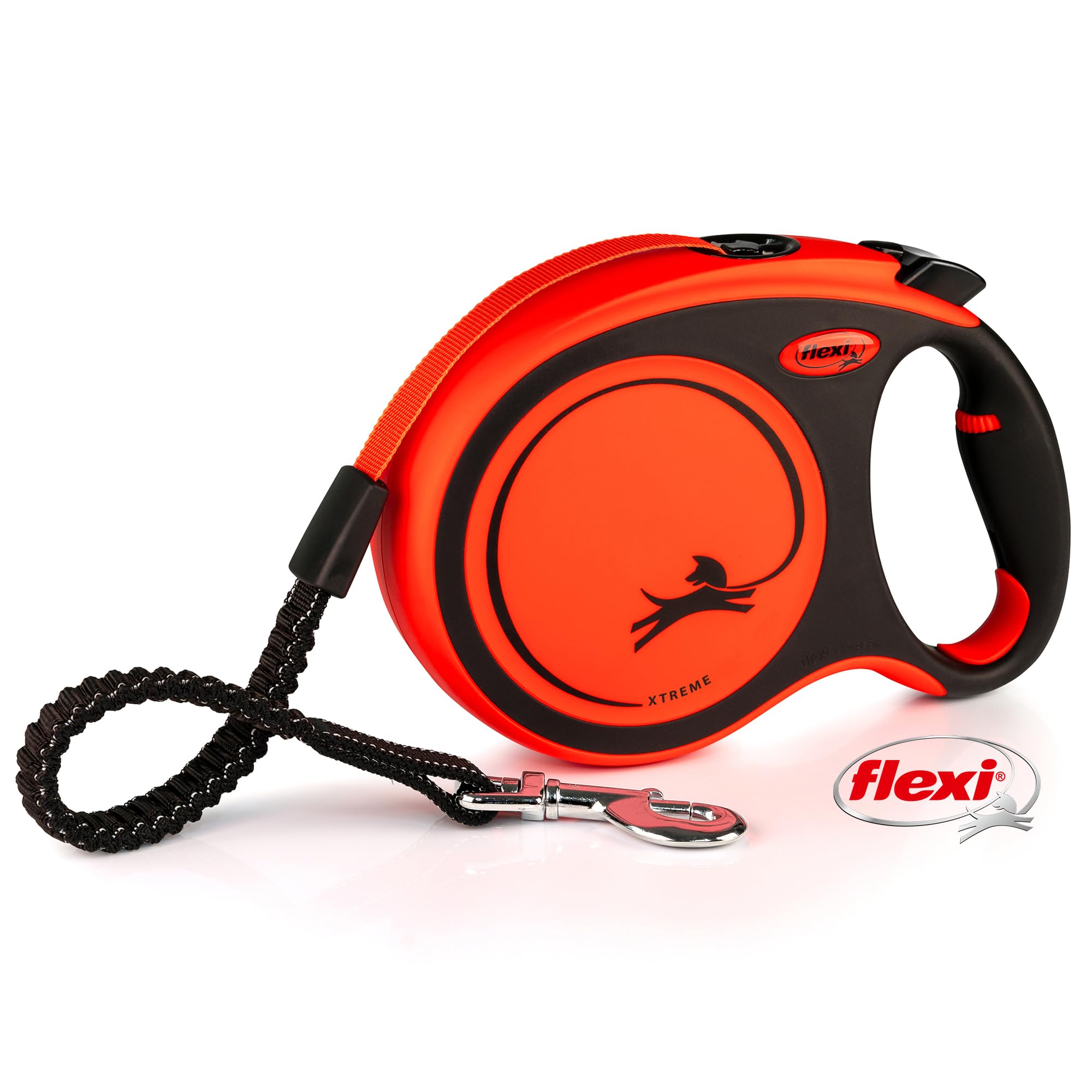 Flexi Xtreme orange tape leash extended for long-range control and comfortable walks.