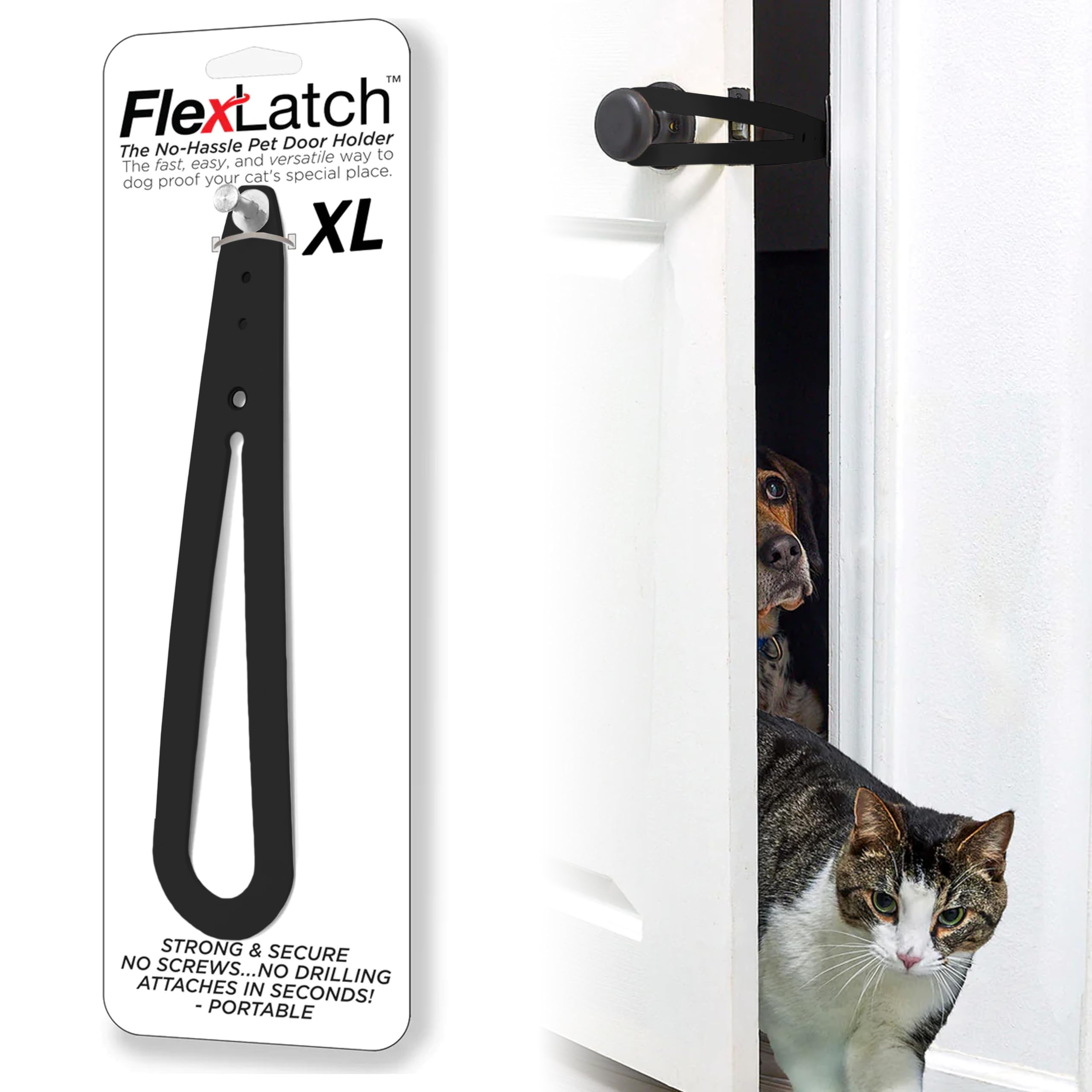 FlexLatch Cat Door Holder Latch front view with easy one-piece installation.