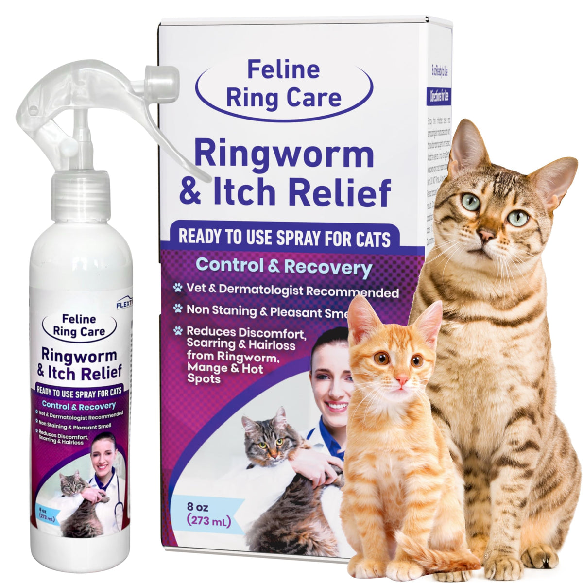 FlexTran Feline Ring Care bottle pour showing easy topical application and itch relief.