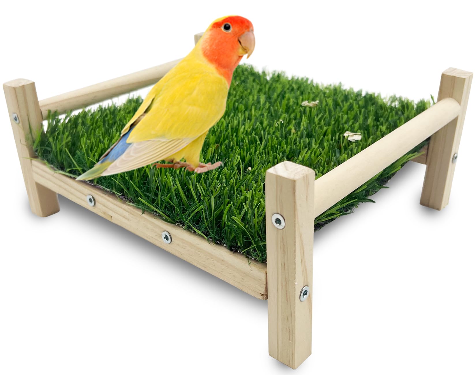 FlidRunest Bird Foraging Bed assembly highlights sturdy wooden base for durable parrot perches.