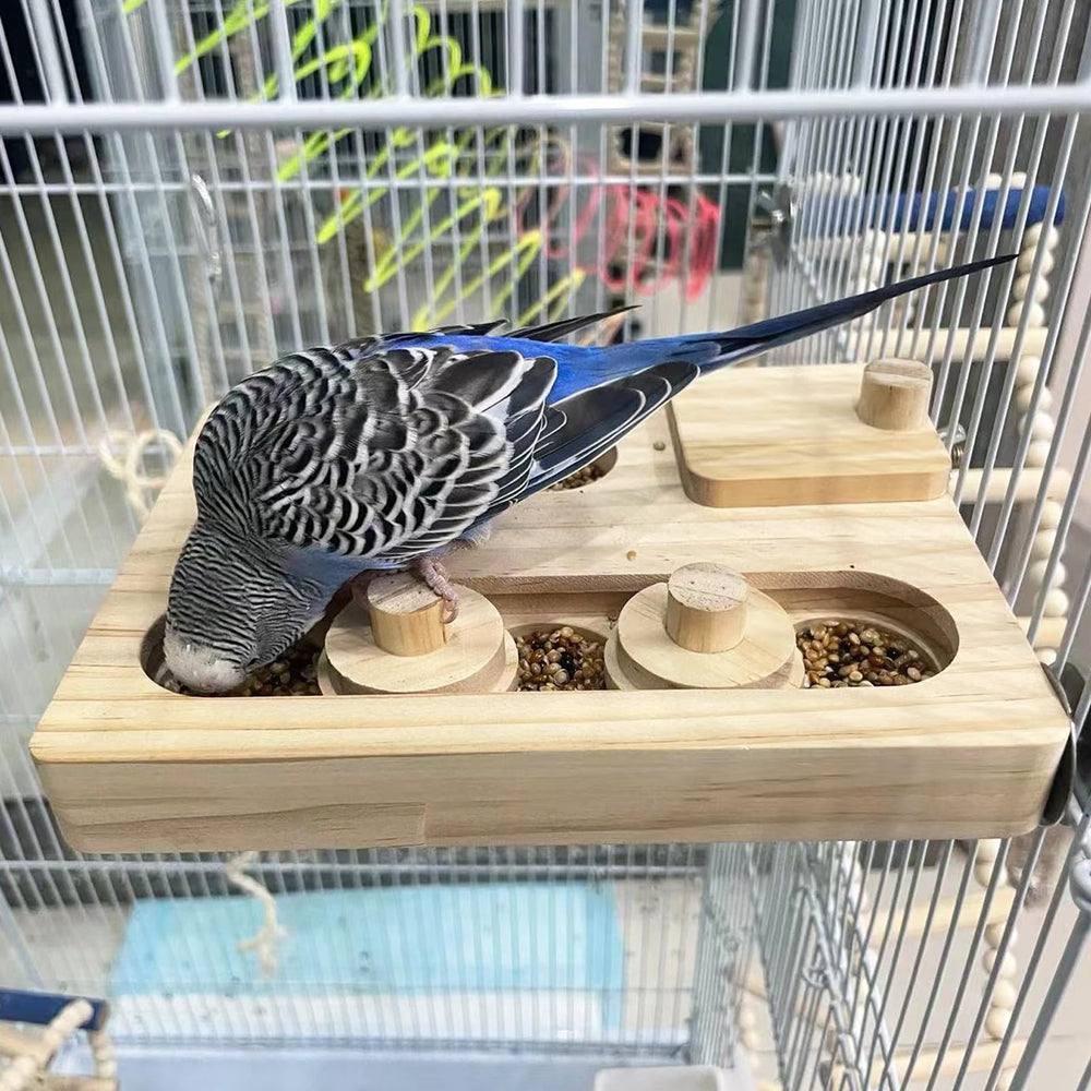 FlidRunest wooden bird foraging toy in cage illustrates easy setup for busy parrots.