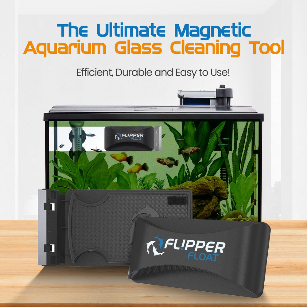 FL!PPER magnetic cleaner outside the tank highlights precise cleaning without water contact.