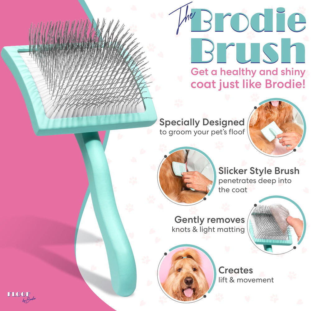 Floof by Brodie slicker brush pins-closeup highlights long angled pins for coating penetration.