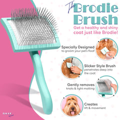 Floof by Brodie slicker brush pins-closeup highlights long angled pins for coating penetration.