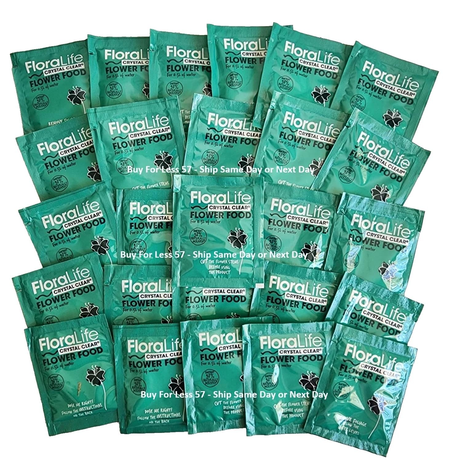 Floral Supply Floralife Crystal Clear packets on a counter for easy bouquet care