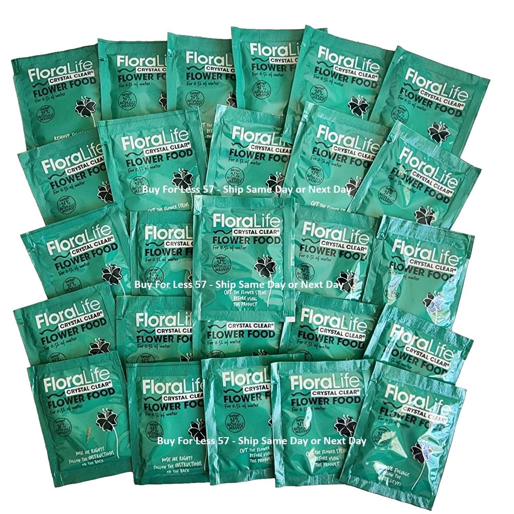 Floral Supply Floralife Crystal Clear packets on a counter for easy bouquet care