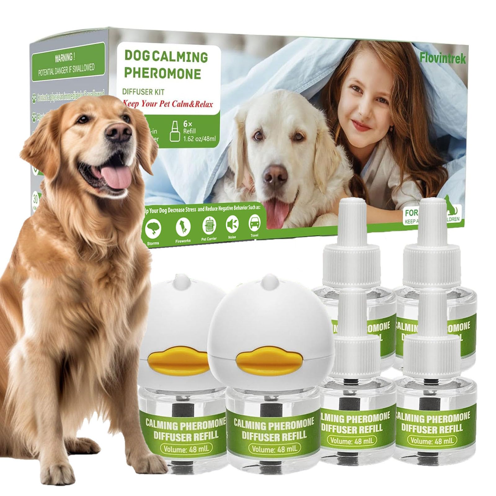 Flovintrek dog calming diffuser pro kit diffusers in use providing anxiety relief for pets.