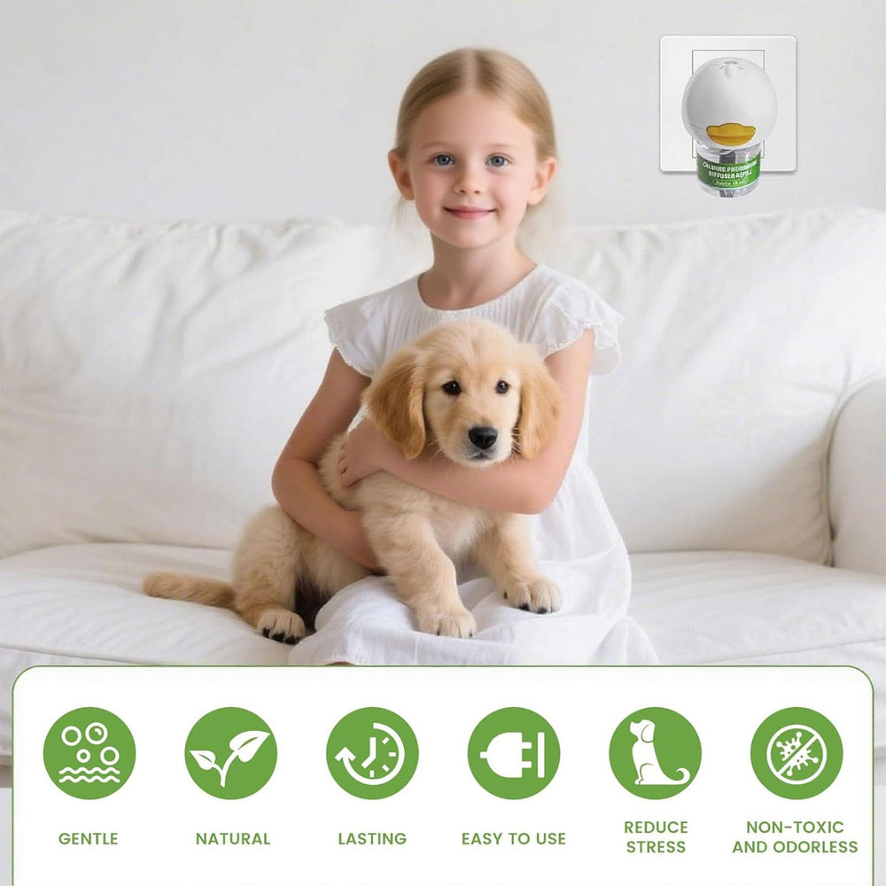 Flovintrek diffuser plugged into outlet illustrating quick setup for calmer dogs.