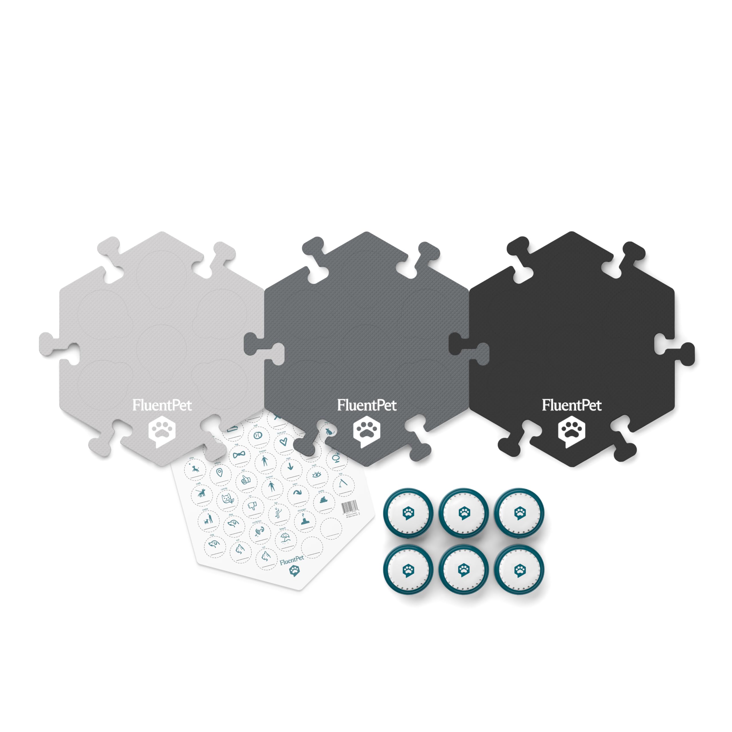 FluentPet six-buttons close-up highlighting recordable prompts for learning.