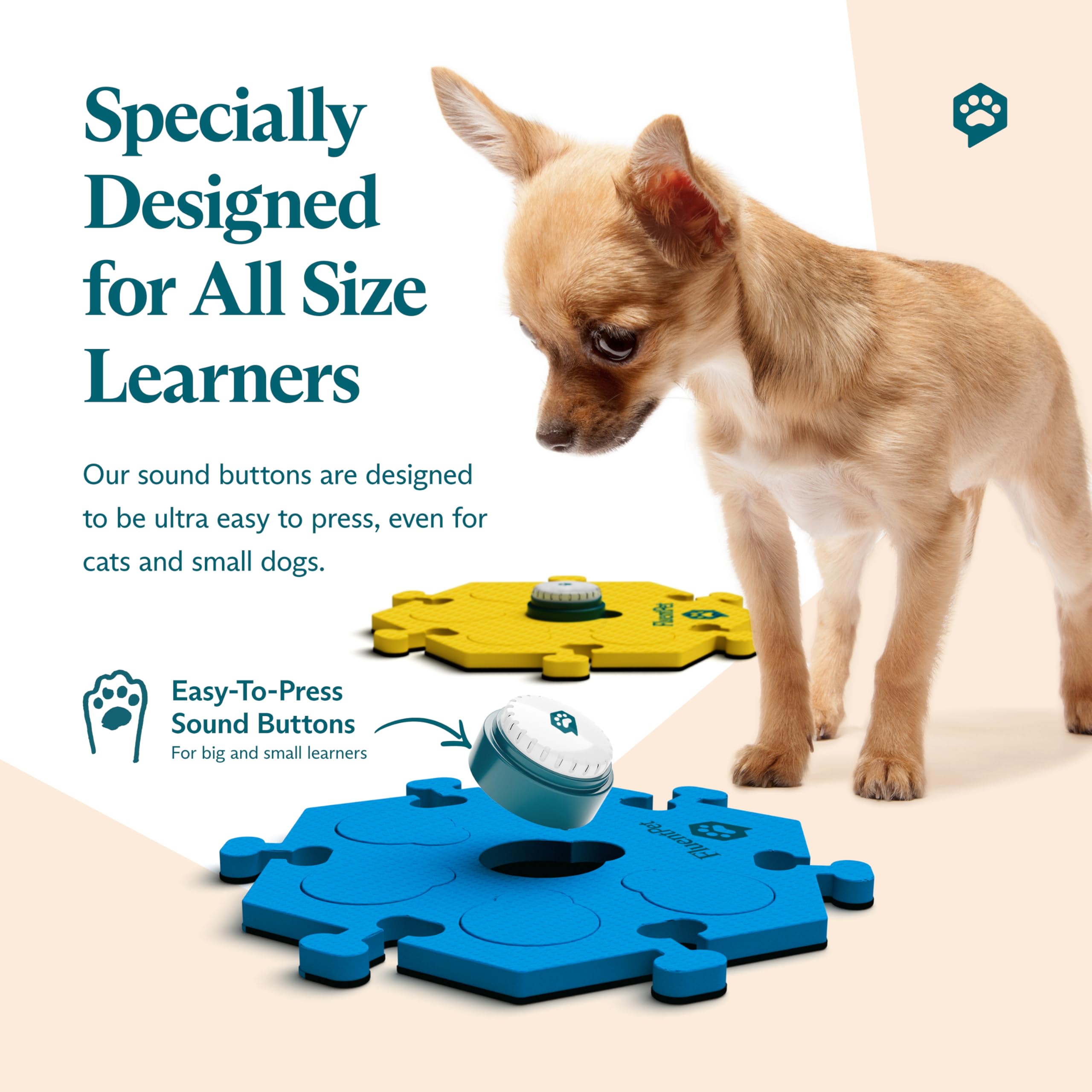 FluentPet dog-cat training buttons demonstrate words like water or play.