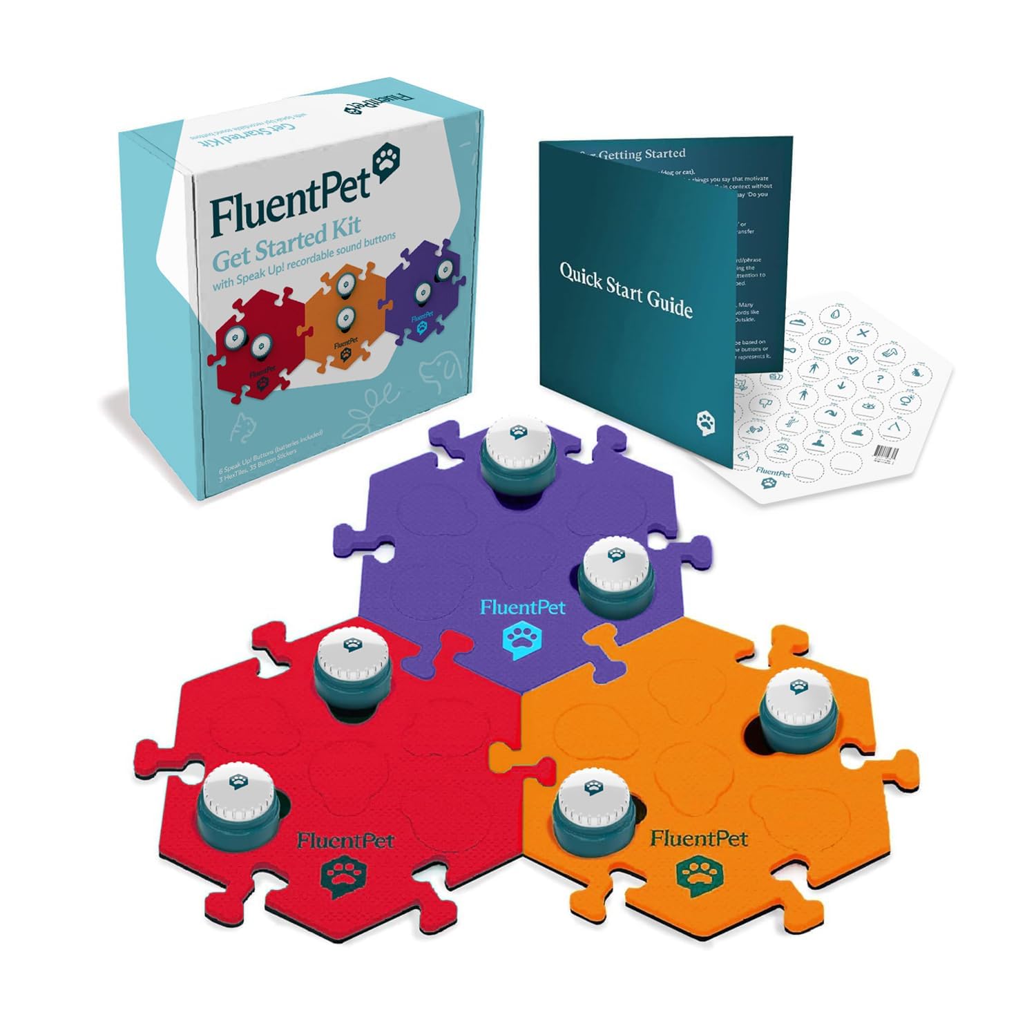 FluentPet Speak Up kit buttons on desk for clearer pet communication.