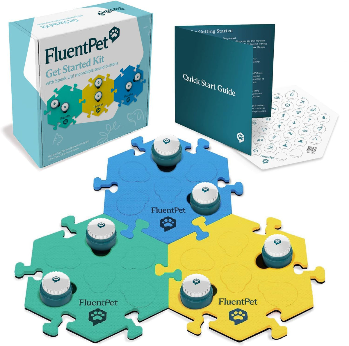FluentPet Speak Up kit packaging — ready-to-use set with pre-installed batteries for instant learning.