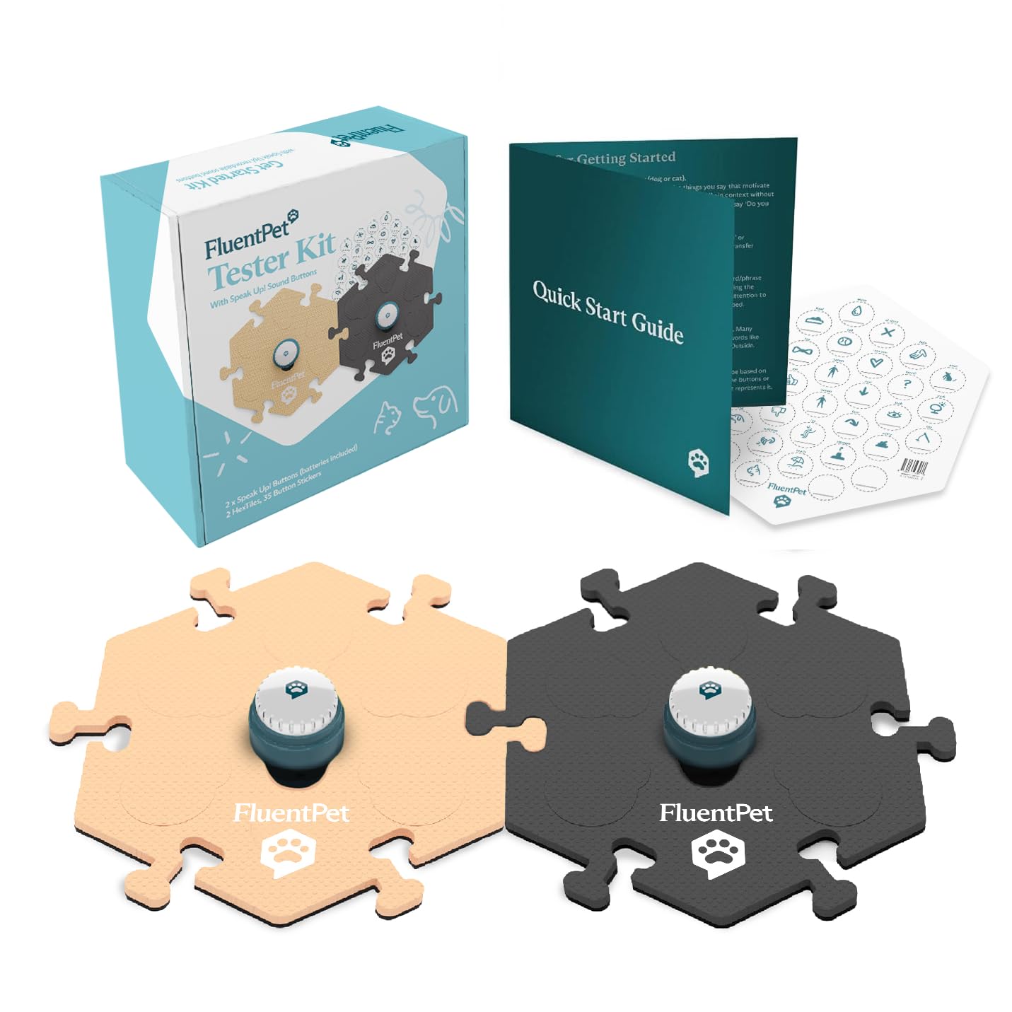 FluentPet Speak Up! tester kit buttons shown for quick, intuitive dog communication.