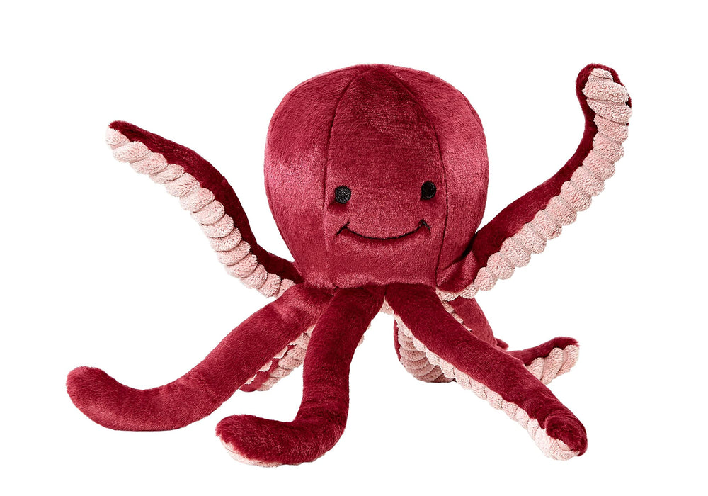 Fluff & Tuff Olympia Octopus plush closeup shows embroidered eyes for safe chewing and visibility