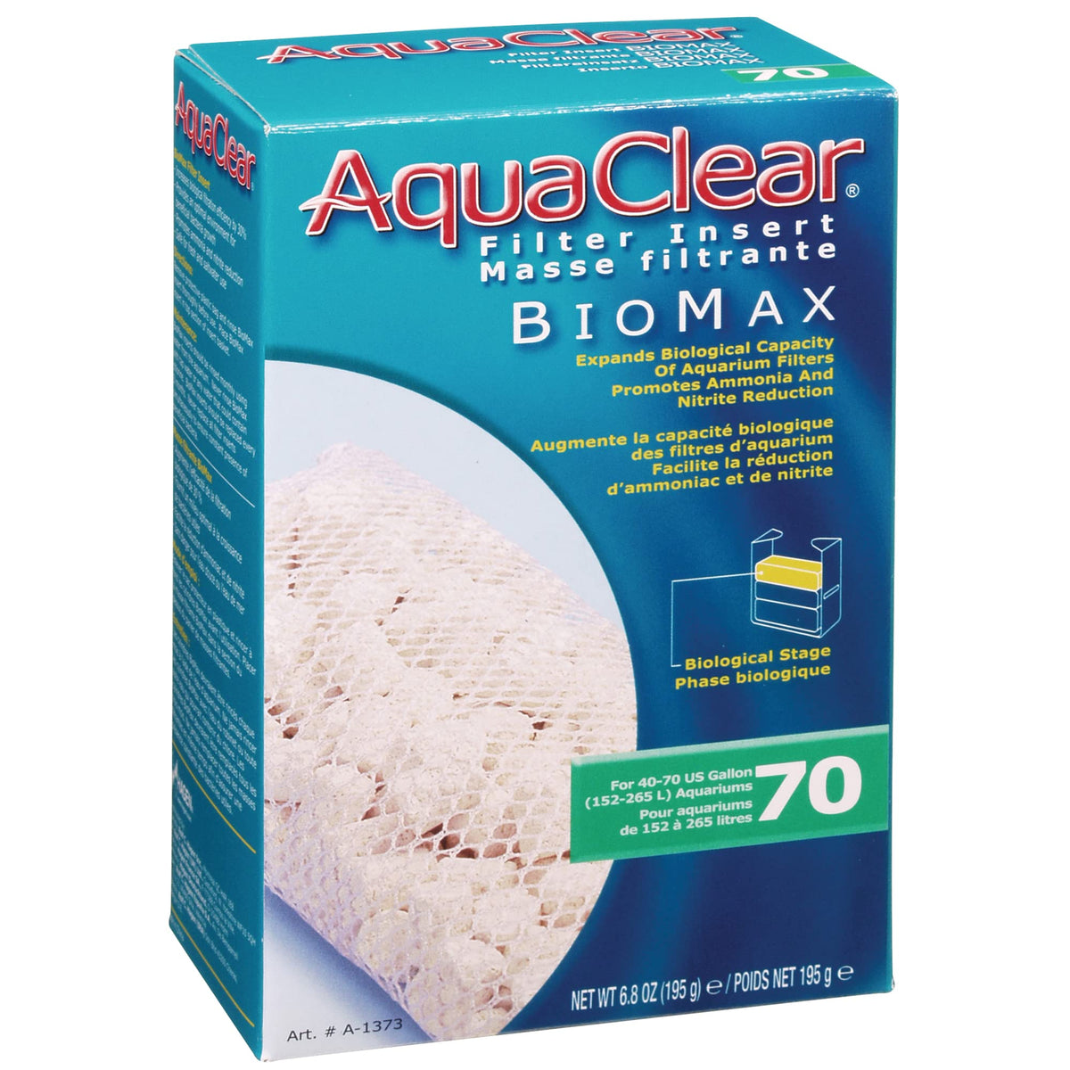 Fluval Aquaclear 70 Biomax insert boosts biological filtration for larger tanks.