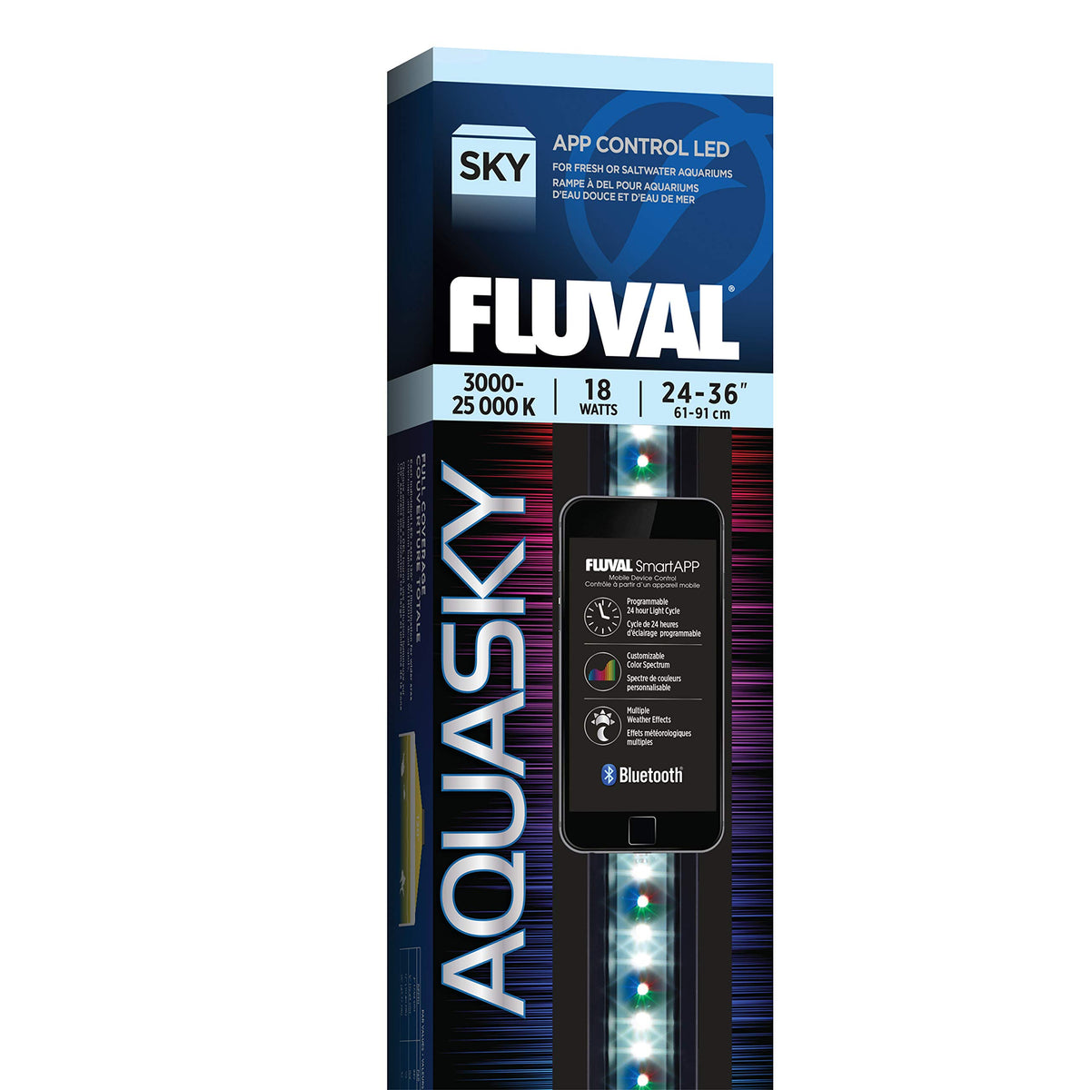 Fluval Aquasky 2.0 overview shows compact, sleek LED lighting for even tank illumination.