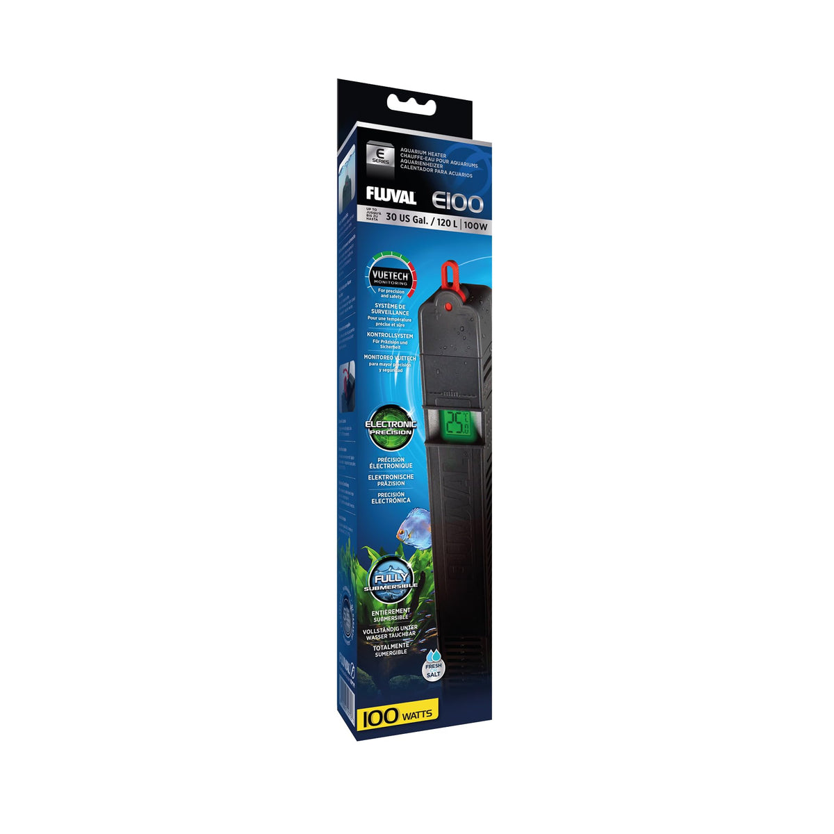 Fluval E100Watt heater with digital display shows real-time water temperature for precise tank care.