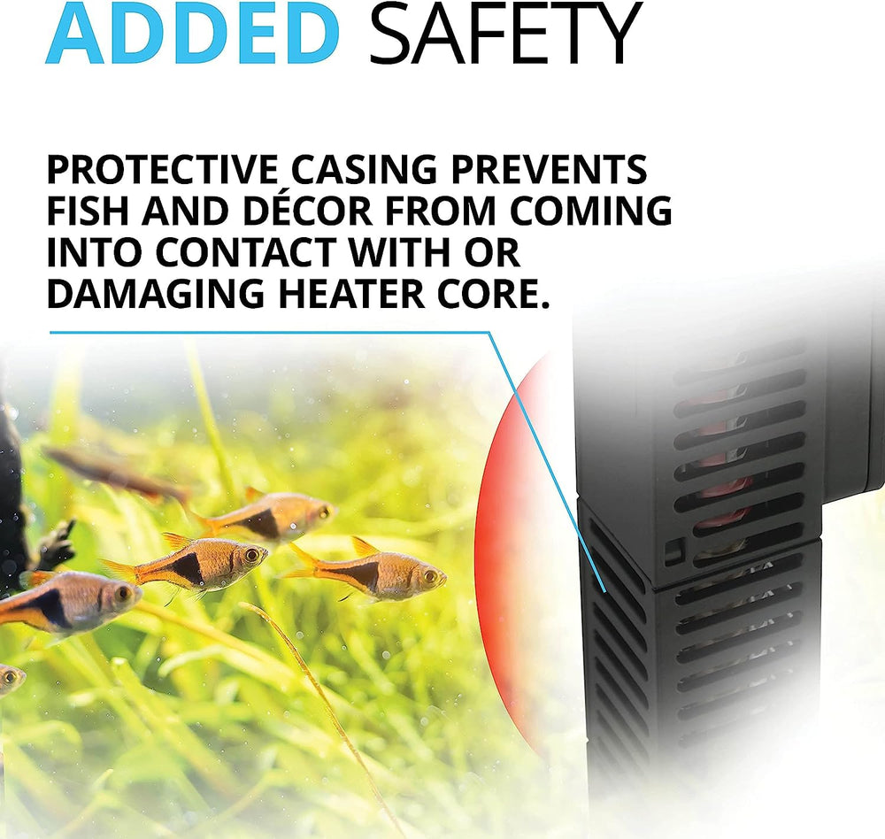 Fluval E100Watt heater in-use display shows current temperature and status indicators.