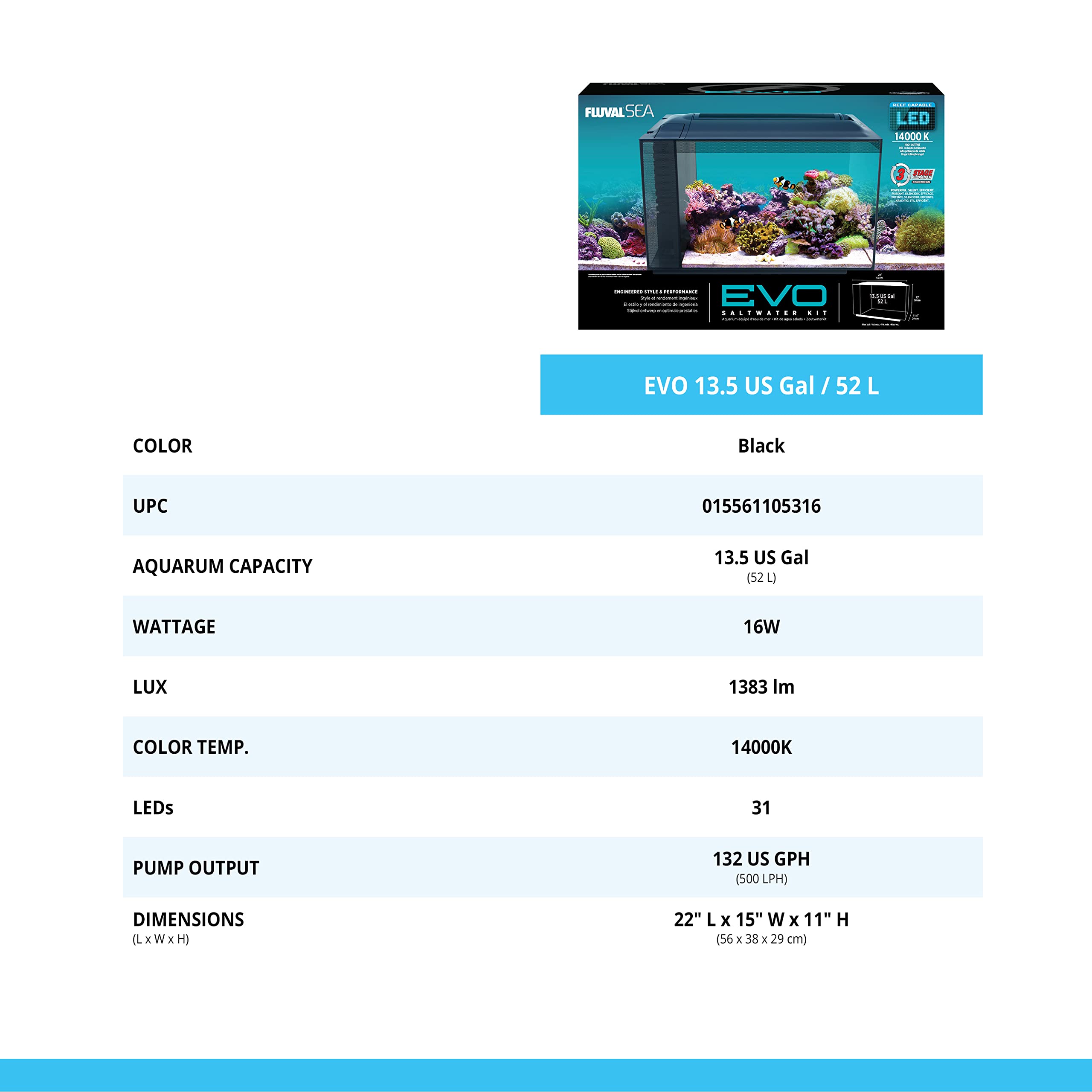 Fluval Evo XII dimensions 22L x 11.5W x 15H suited for space-conscious buyers