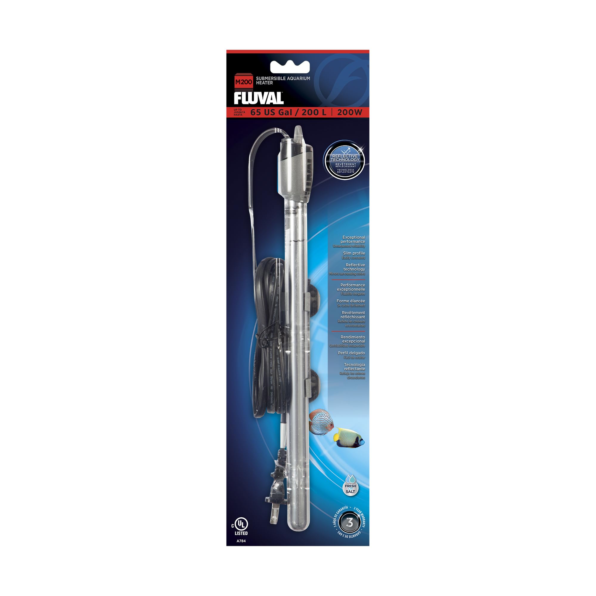 Fluval M 200W heater front view shows compact submersible design for steady tank warmth.