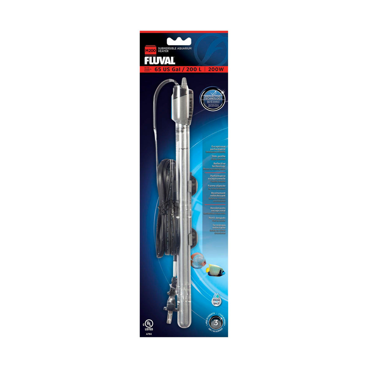 Fluval M 200W heater front view shows compact submersible design for steady tank warmth.