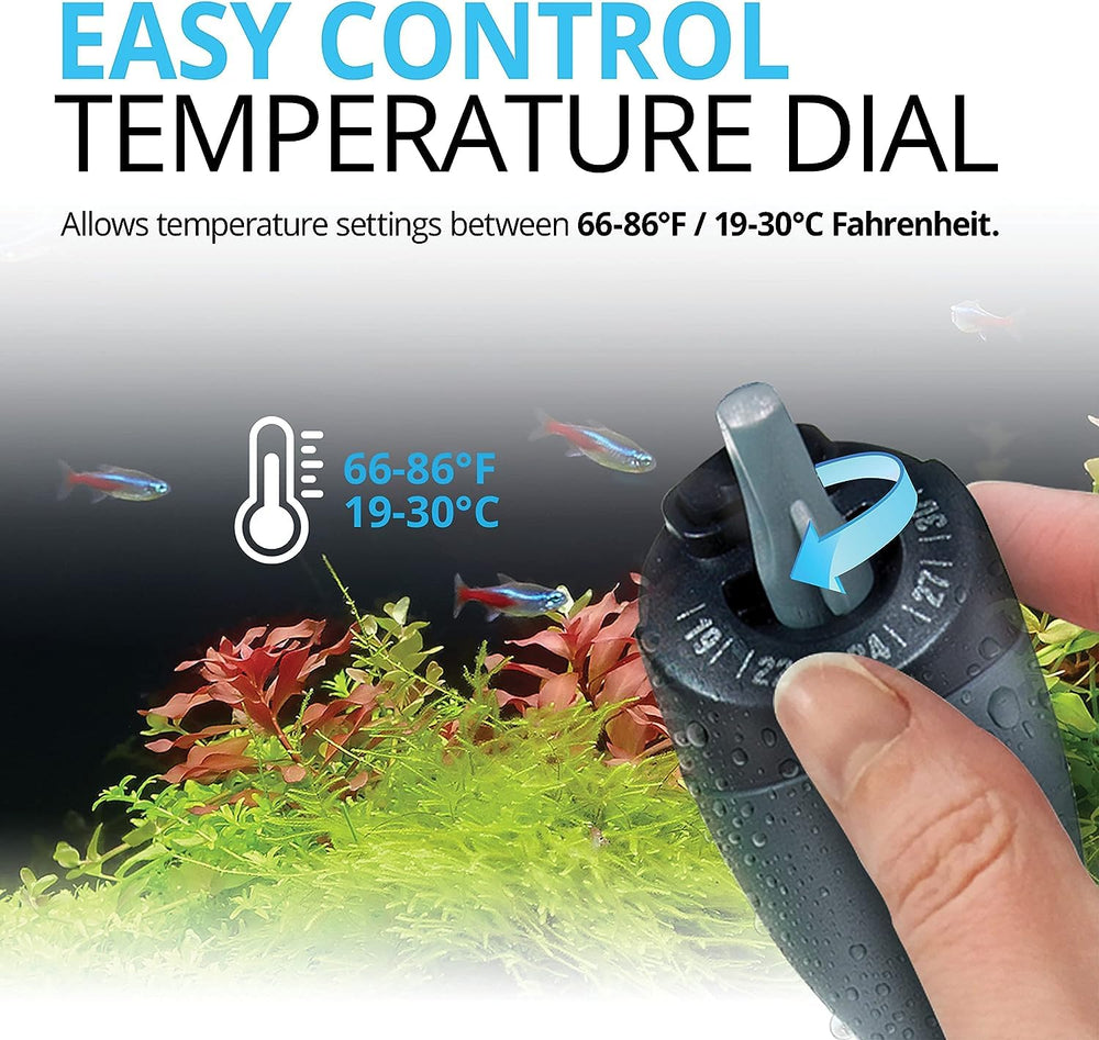 Fluval compact-design shows space-saving heater suitable for planted or tight setups.