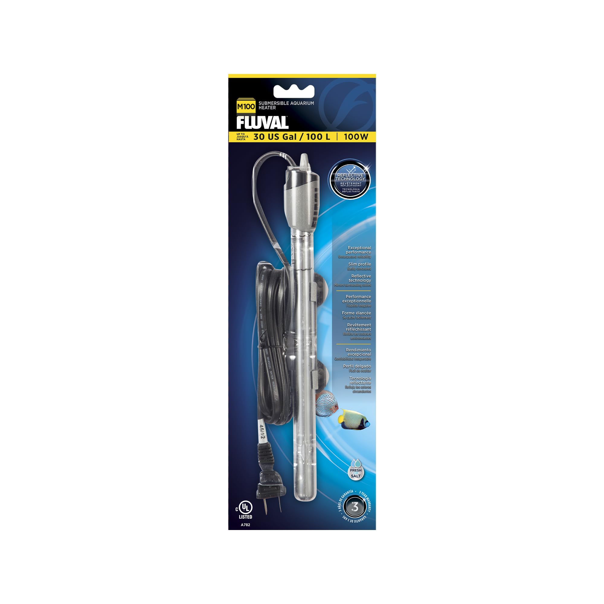 Fluval M100 submersible heater shows a compact, discreet form for reliable heat.